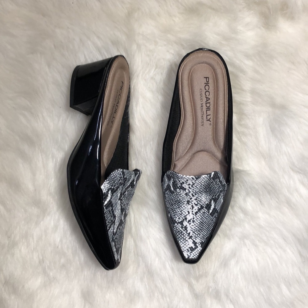Piccadilly Cloud black and white snakeskin slip on loafers